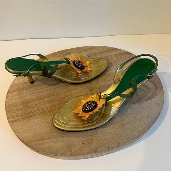 Green Yellow Sunflower Embellished Open Toe Kitten Heel Ankle Strap Size 9.5 - Picture 10 of 13